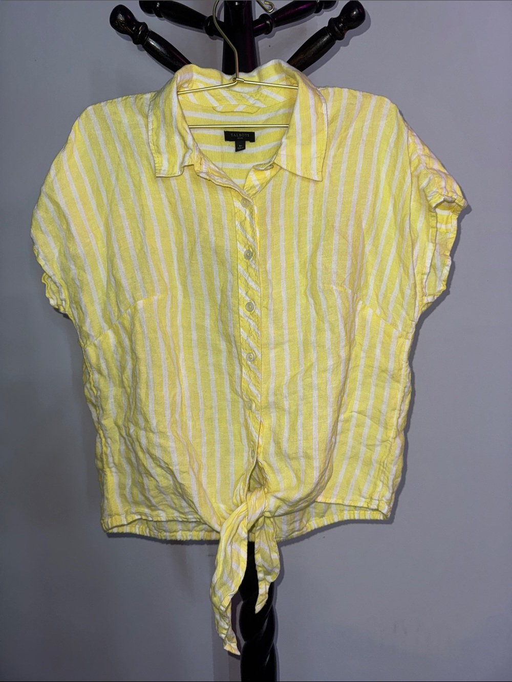 Talbots Yellow and White Striped Tie-Front Button-Down Top 21.T